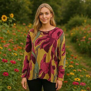 Soft Surroundings Sweater Tunic Floral Abstract Artsy Lagenlook Boho MP